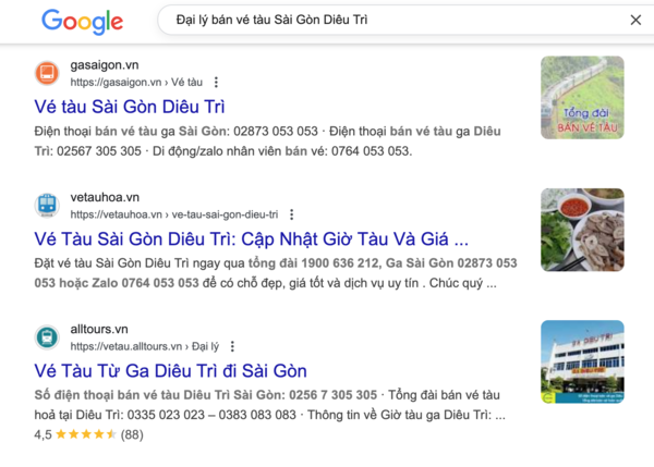 Hành khách tìm thông tin, số điện thoại đại lý bán vé tàu Tết Sài Gòn Diêu Trì trên Google