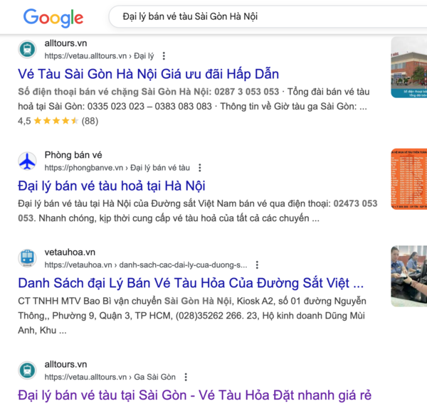 Hành khách tìm thông tin, số điện thoại đại lý bán vé tàu Tết Sài Gòn Hà Nội trên Google