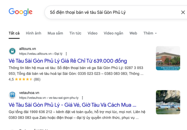 Hành khách tìm thông tin, số điện thoại đại lý bán vé tàu Tết Sài Gòn Phủ Lý trên Google