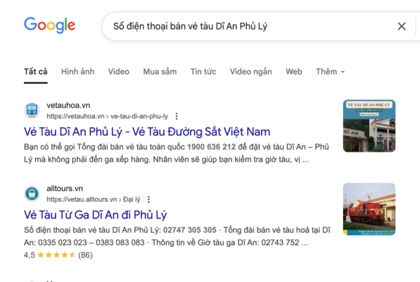 Hành khách tìm thông tin, số điện thoại đại lý bán vé tàu Tết Dĩ An Phủ Lý trên Google